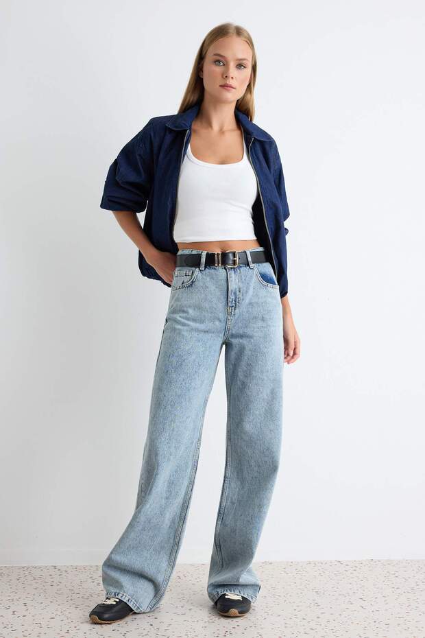 Açık Mavi Yüksek Bel Wide Leg Geniş Paça %100 Pamuk Non-Stretch Jeans TWOAW24JE00074 - 1
