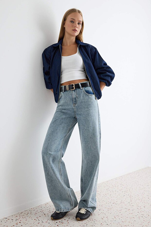 Açık Mavi Yüksek Bel Wide Leg Geniş Paça %100 Pamuk Non-Stretch Jeans TWOAW24JE00074 - 2