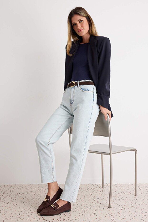 Açık Mavi Yüksek Bel Az Esnek Mom Kesik Paça Jeans TWOSS23JE00094 - 3