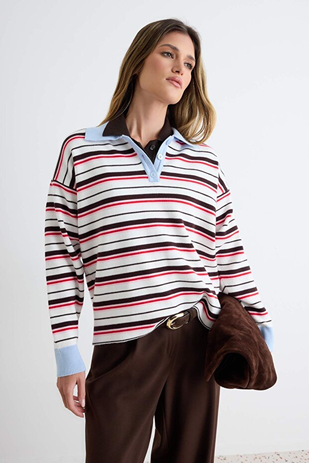 Wardrobe Essentials Ekru Premium/Özel İplik Polo Yaka Triko Kazak | TWOAW26KZ00060