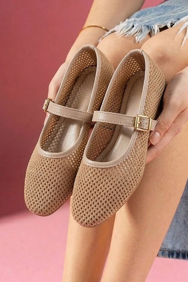 Avila Mink Knitwear Mesh Gold Buckle Belted Ballerinas
