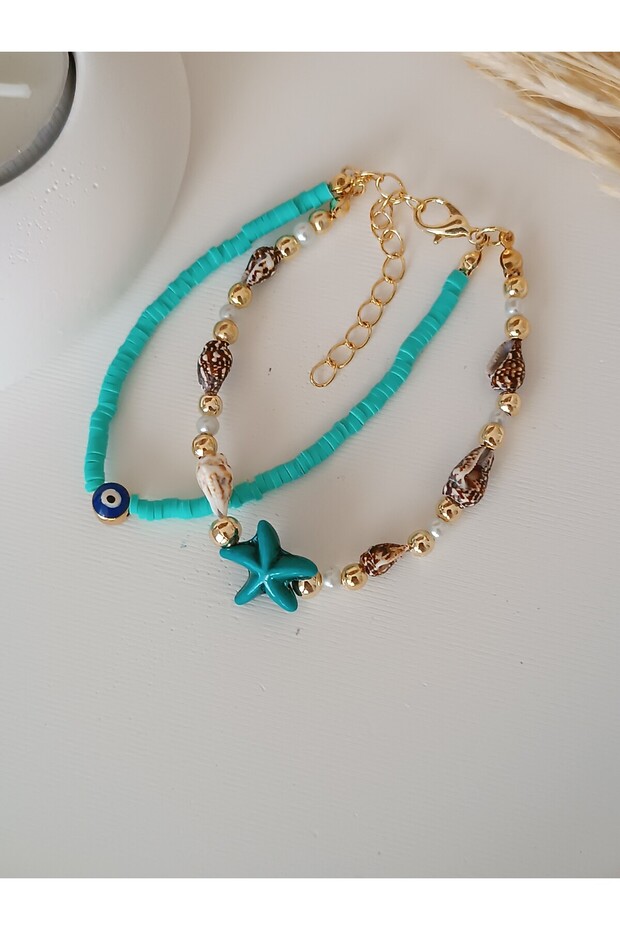 Women's Bracelet Starfish Sea Shell Evil Eye Beads Handmade Set of 2 Bracelets