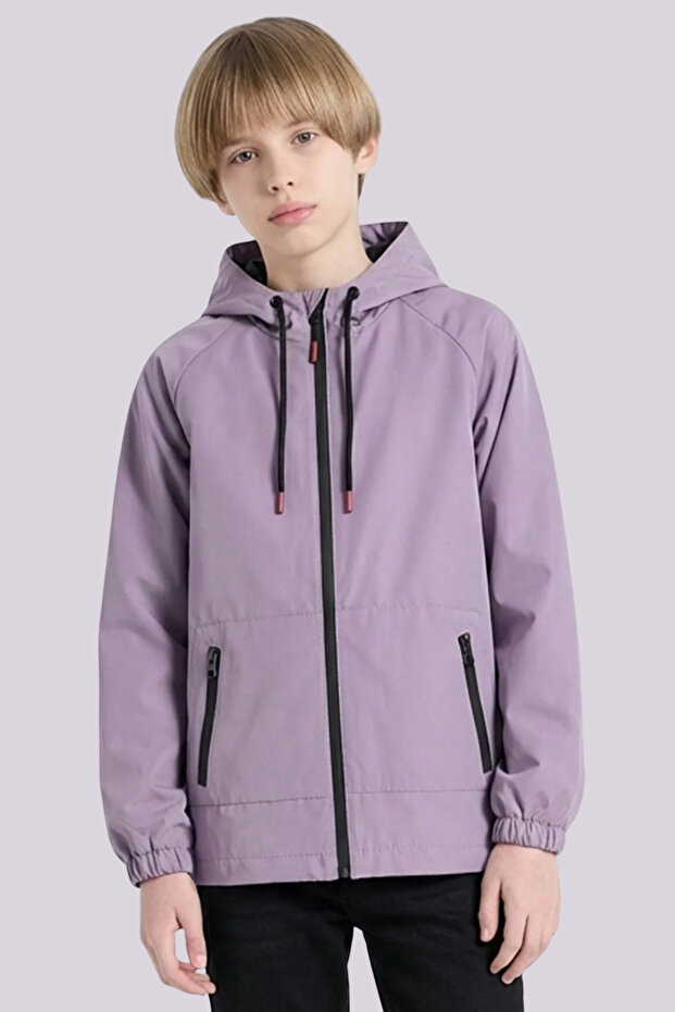 Boy's Plum Lined Water and Windproof Double Zipper Hooded Raincoat & Windbreaker