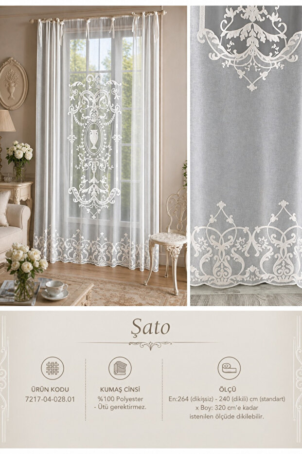 Castle Linen Look Embroidered Tulle Panel Curtain Castle Beige (Measurements Width X Length)