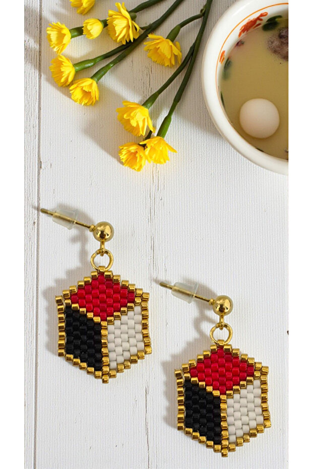Miyuki Beads Handmade Gold Cube Earrings Red Black