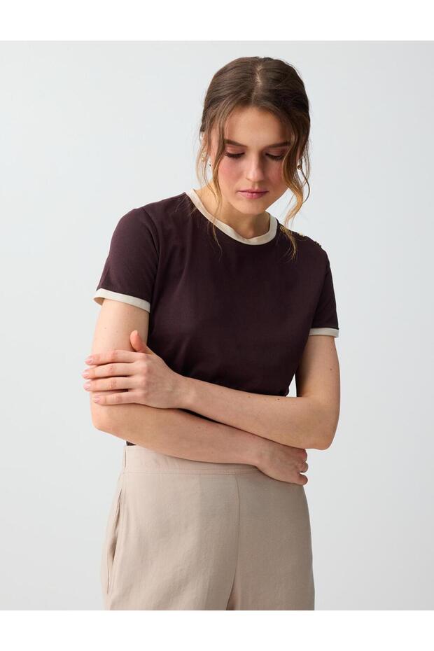 Acı Kahve 100% Cotton Crew Neck Knitted Blouse with Shoulder Detail