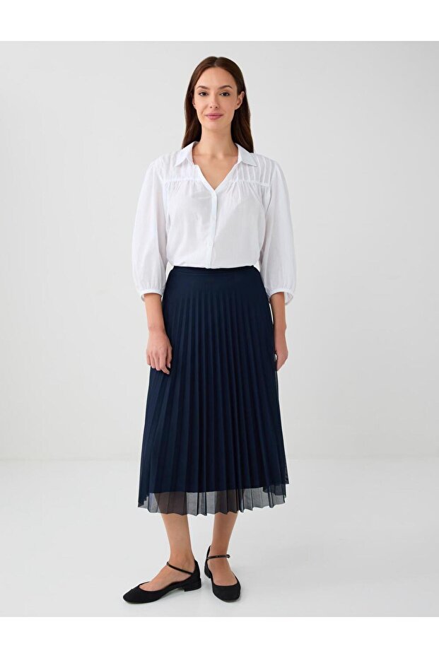 Navy Blue High Waist Pleated Relaxed Fit Midi Skirt
