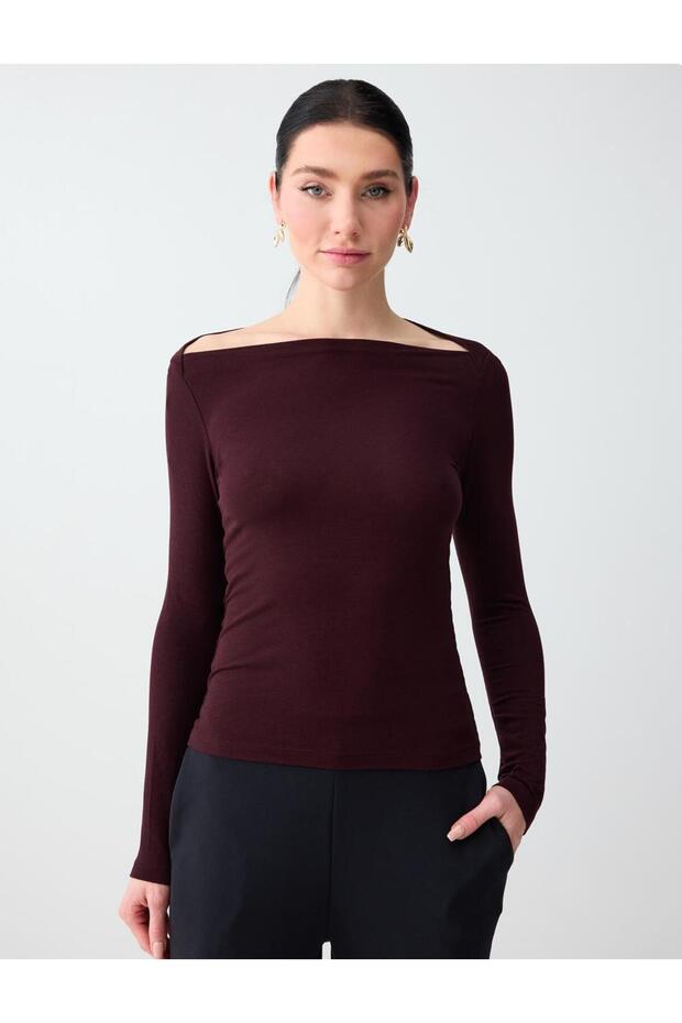 Burgundy Boat Neck Long Sleeve Knitted Blouse