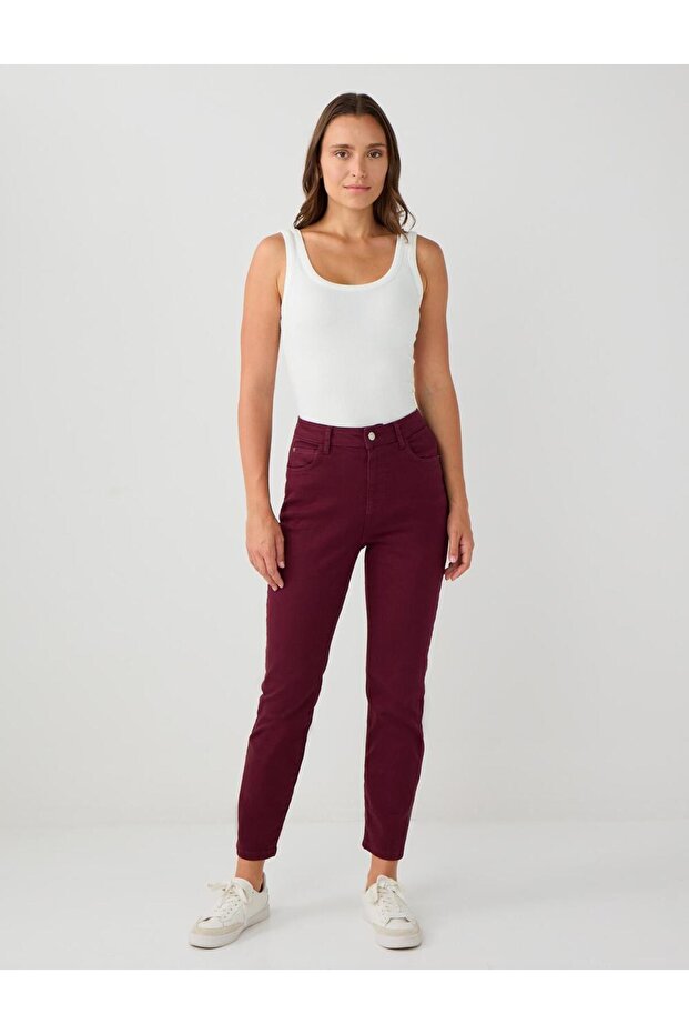 Burgundy High Waist Regular Leg Woven Trousers