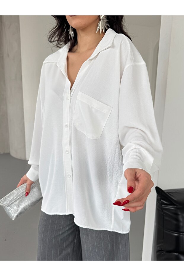 Women's Perla White Single Pocket Oversize Shirt, Wide Fit Shirt, Ayrobin Shirt
