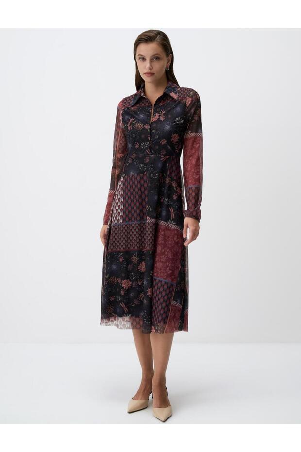 Burgundy Print Shirt Collar Knitted Mesh Midi Dress