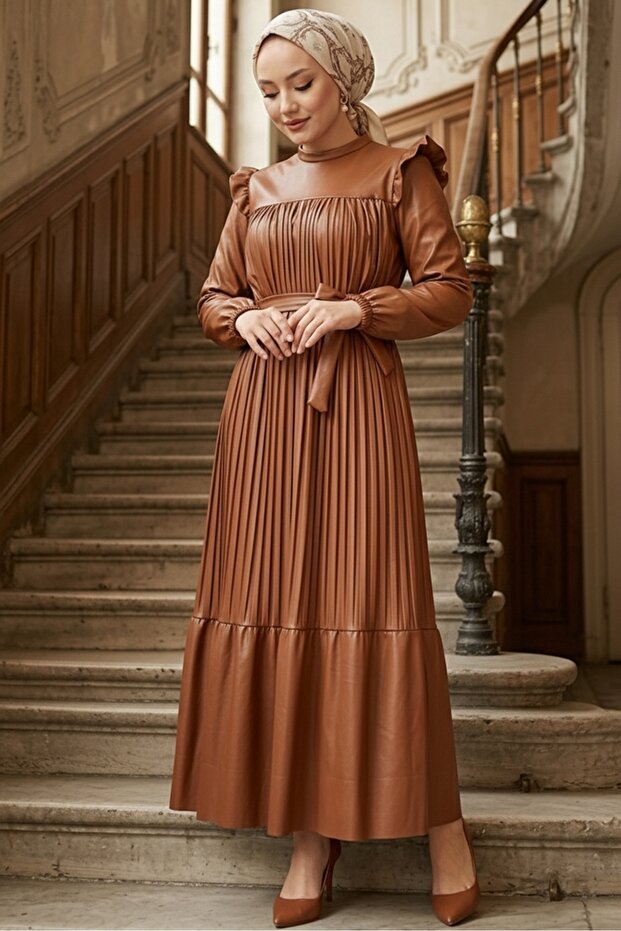 Pleated Ruffle Detailed Leather Dress 1191 - Brown