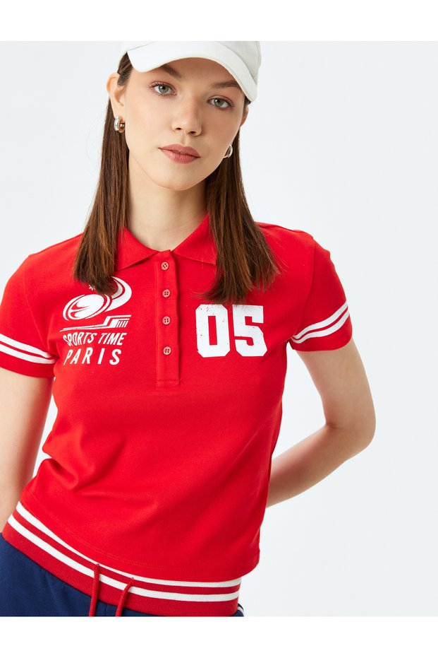 Polo Neck Buttoned College Printed Short Sleeve T-Shirt