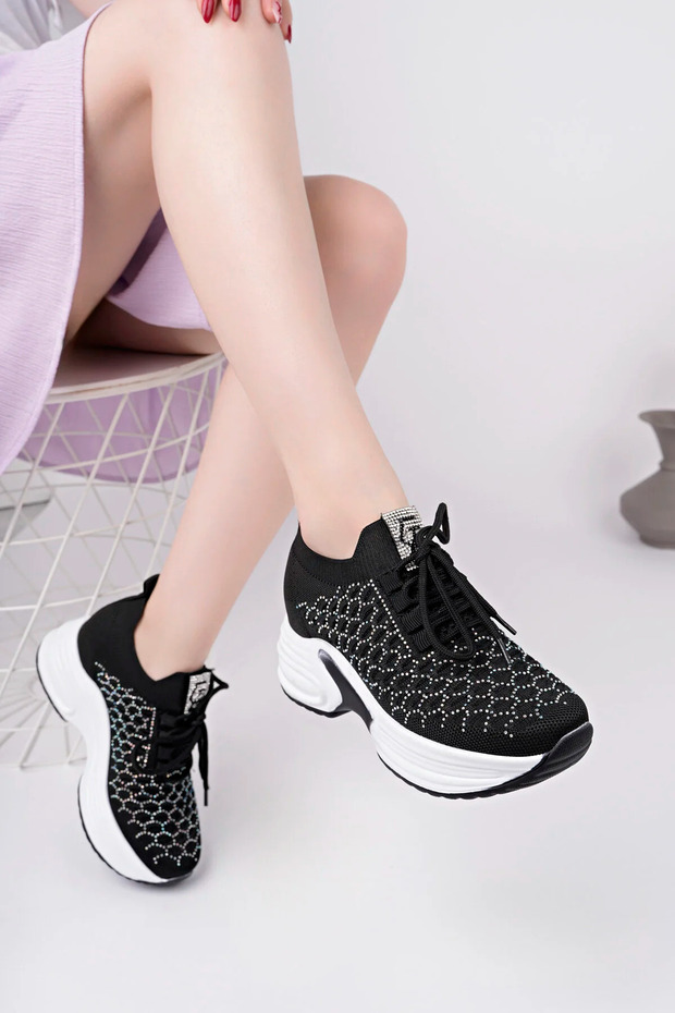Women's Black Hidden Heel Stone Comfortable High Sole Knitwear Sneaker Shoes