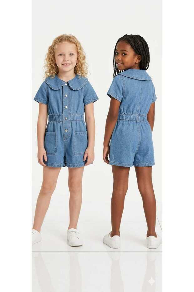 Retro Style Baby Collar Short Sleeve Denim Children's Jumpsuit