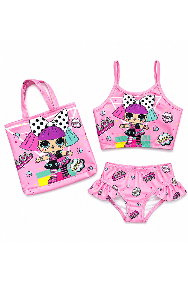 Girl's Baggy Ruffle Lol Printed Three-Piece Bikini Set