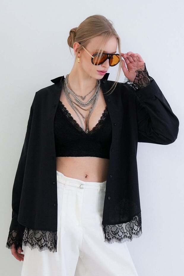 Women's Black Skirt and Cuffs Lace Detailed Oversized Poplin Shirt Alc-X15447