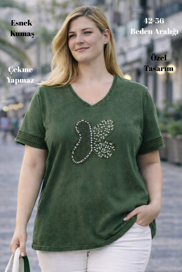 Cedy - Women's Special Design Stretchy , Sequin, Lace Detailed Washed V-Neck Large Size T-Shirt