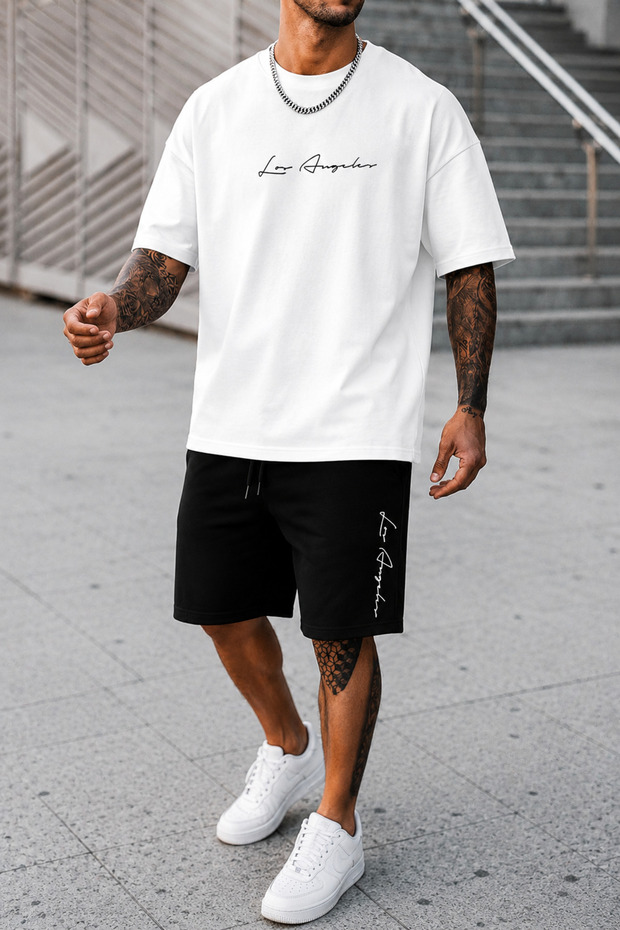 Manfinity Homme White Knitted Men's Short Sleeve T-Shirt and Shorts Set