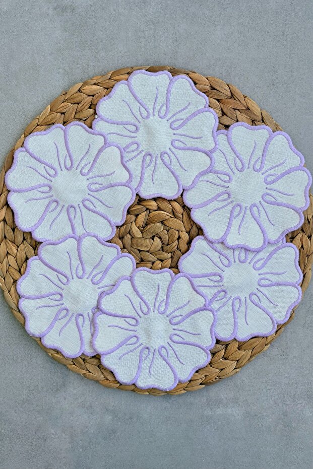 Set of 6 Floral Embroidered Presentation Napkins – Linen Fabric Coffee Napkins & Party Table Napkins