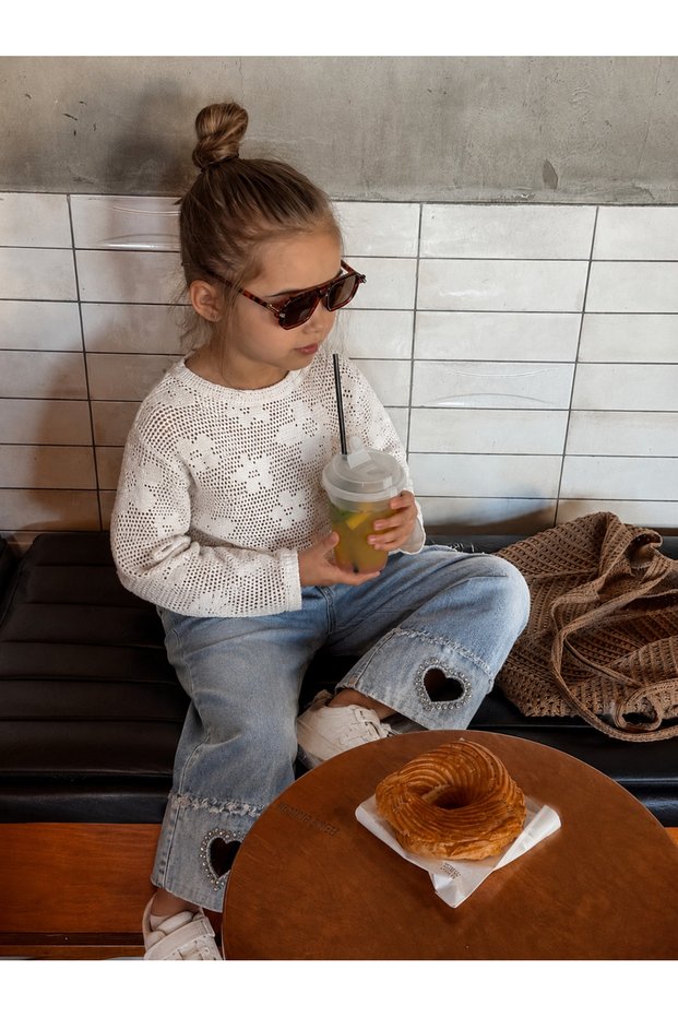 My Little One's 2-Piece Set with Heart Detail on Mesh Fabric and Denim Pants - Cream