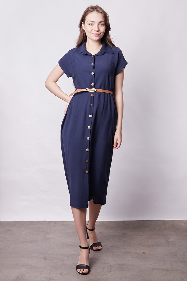Women's Twill Modal Collar Off-Shoulder Double Sleeve Midi Length Above Knee Dress (Including Leather Belt)-Navy Blue