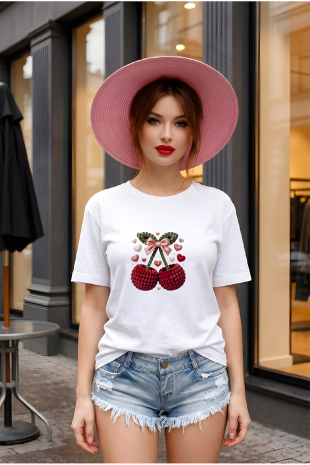 Unisex Short Sleeve Round Neck 2Cherries Love Printed Solid Color Tshirt