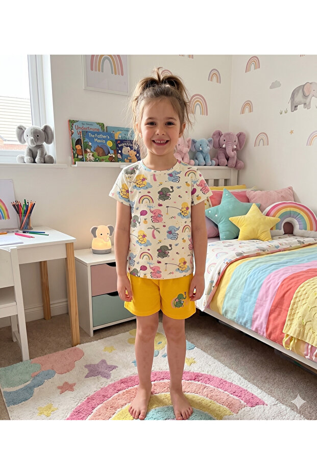 Girl's 100% Cotton Elephant Patterned White Yellow Summer Pajama Set with Short Sleeve Shorts