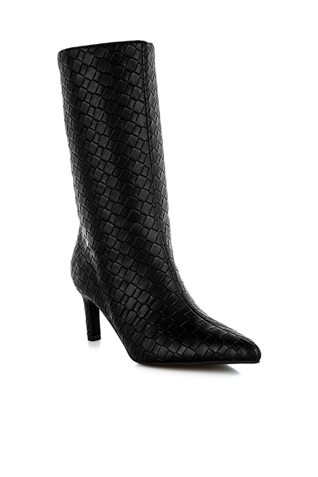 Women Woven Faux Leather Boots in Black