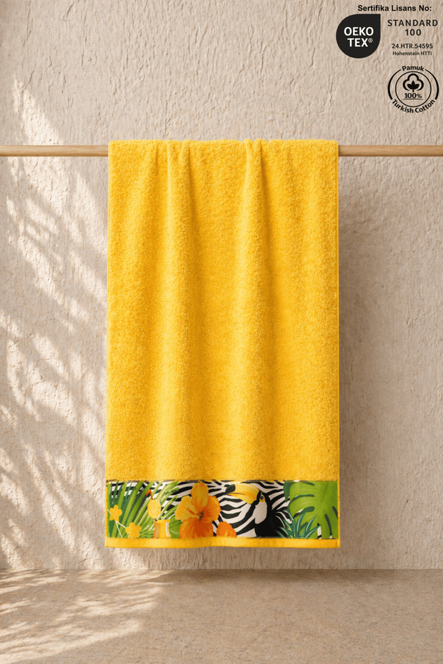Yellow Beach Towel 100% Cotton Certified Tropical Pattern Pool Towel Superior Absorbent 75X150Cm