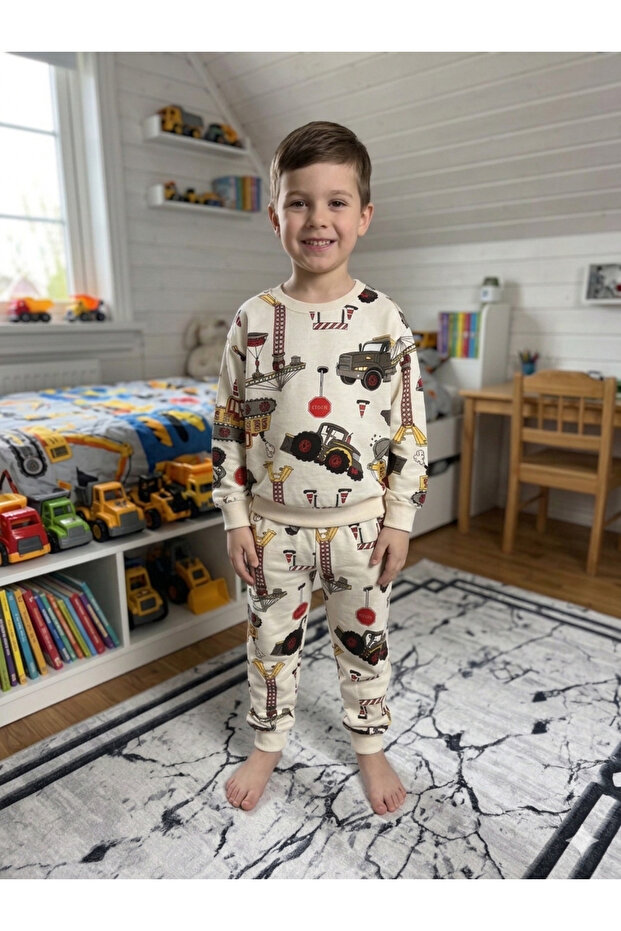 Boy's Cotton Cream Color Work Machine Patterned Long Sleeve Seasonal Pajama Set