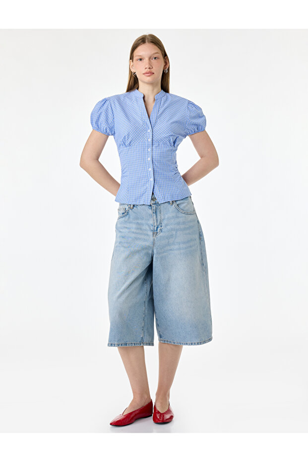 Cotton Slim Fit Poplin Balloon Sleeve V-Neck Shirt