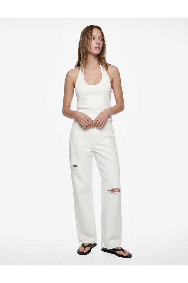 Folded Waist Detailed Cotton Loose Fit Distressed Baggy Denim Trousers - Baggy Jeans