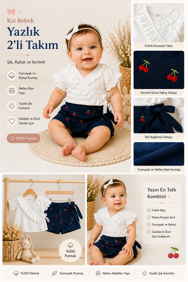 Cherry Embroidery Baby Girl 2-Piece Set Ruffle Double Breasted Blouse and Shorts Skirt Summer Cotton