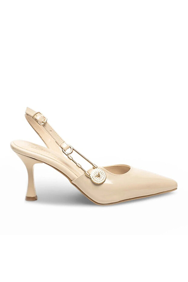 Beige Patent Leather Buckle, Pointed Toe, Open Back, Heel Height 7 Cm.