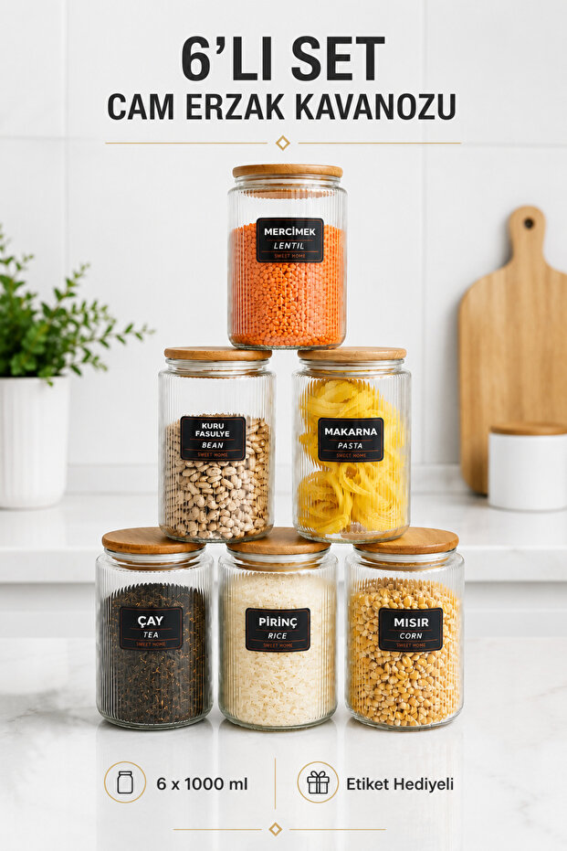 6-Piece Bamboo Lid, Jar Set with Tag Gift Spice Set 800ml