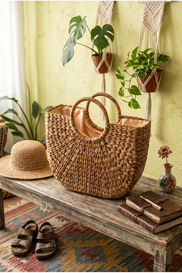 Moss - Water Hyacinth Natural Hand Knitted Lined Straw Bag Large