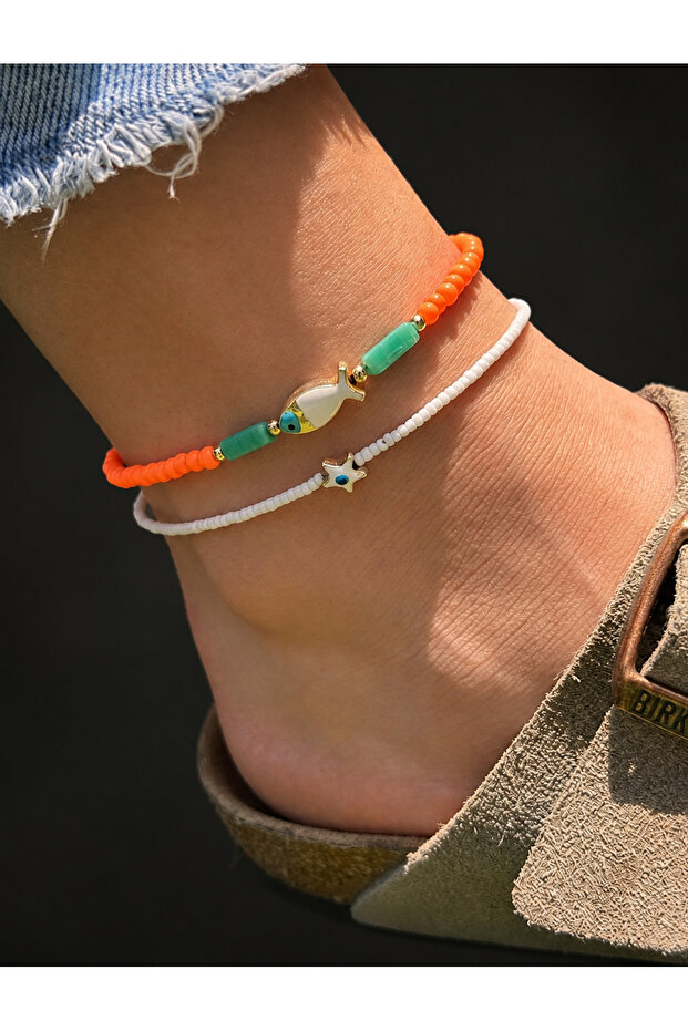 Bym Neon Fish Figured Bead Anklet Colorful Handmade Women's Summer Accessory