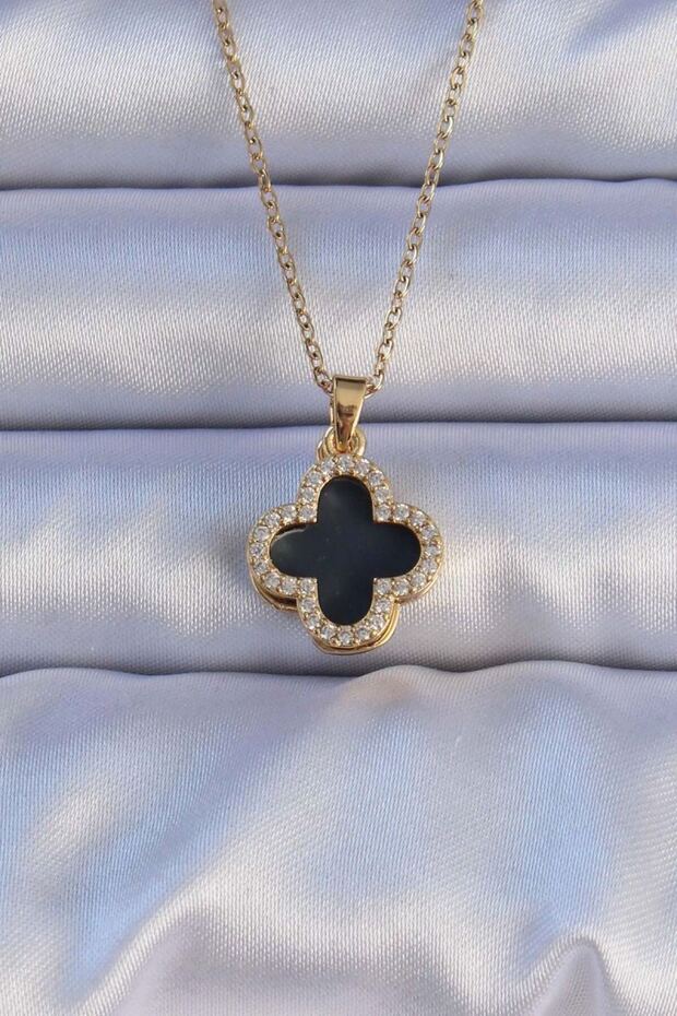 316L Steel Gold Color Black Enamel Zircon Stone Clover Figured Necklace