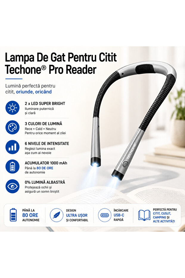 Pro Reader Neck Lamp for Reading, 2 x Super Bright LED, 3 Colors, 6 Intensity Levels, Black - 8