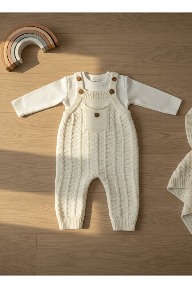 Hair Braided Pocketed Knitwear Baby Salopet Jumpsuit / Combed Cotton Gift Set