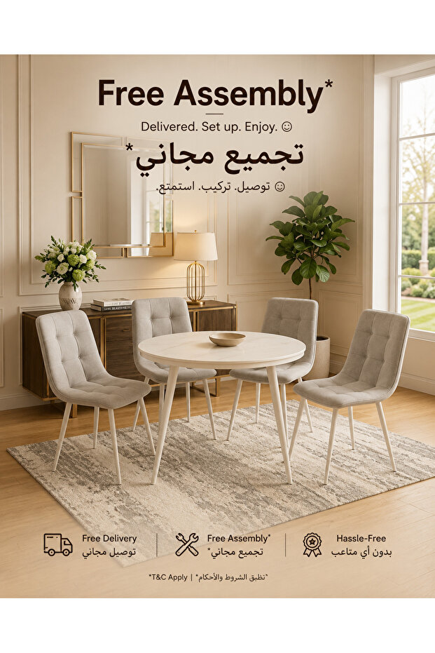 طاولات طعام سيراميكية مستديرة مع مجموعة من 4 كراسي مخملية مقاس 90×90×75 سم