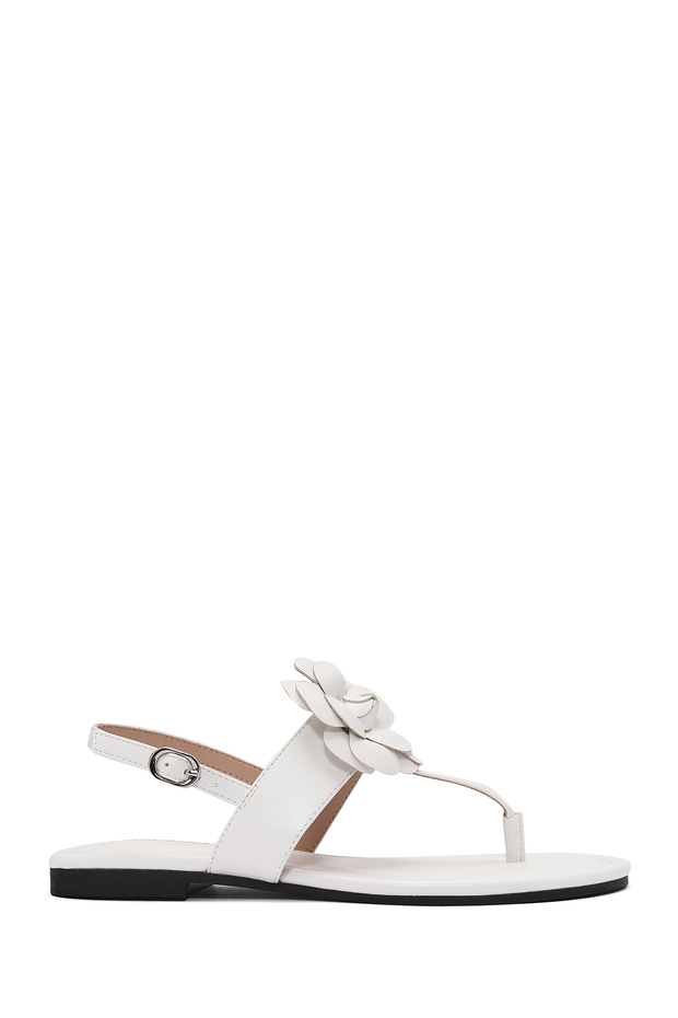 Women's Cream Flower Detailed Flip Flops Sandals 25Sfe 401218