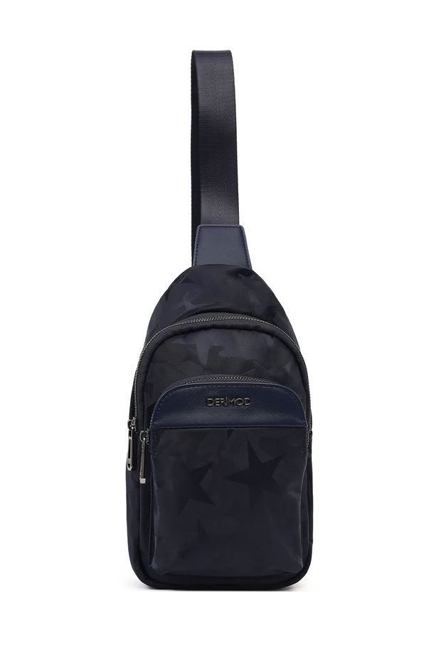 Men's Navy Blue Printed Fabric Crossbody Bag 25Wbd30906F