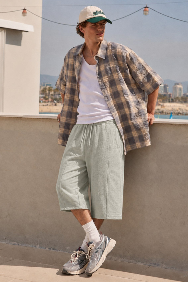 Çağla Green Men's Linen Capri Shorts 6538