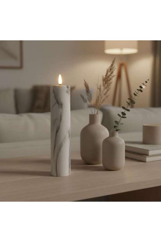 Marbella Led Marbled Pillar Candle Dia5x21cm - White