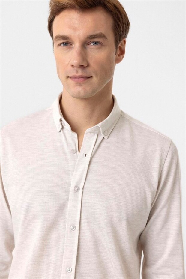 Ekru Slim Düğmeli Yaka Manşetli Casual Gömlek - 5