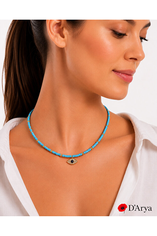 Dd555 Turquoise Heishi Beaded Choker Necklace with Evil Eye Detail