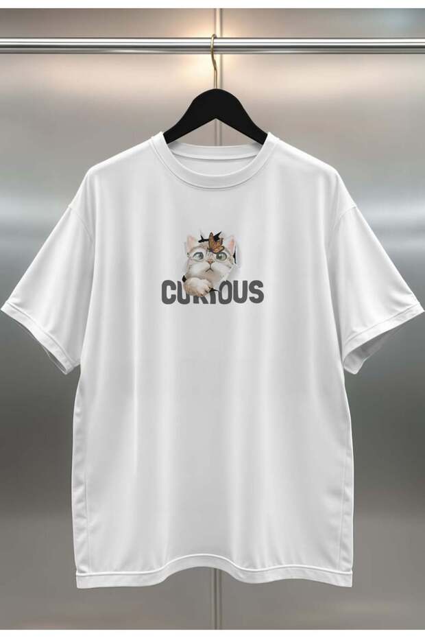 Curious Cat Curious Oversize Digital Printed White T-Shirt