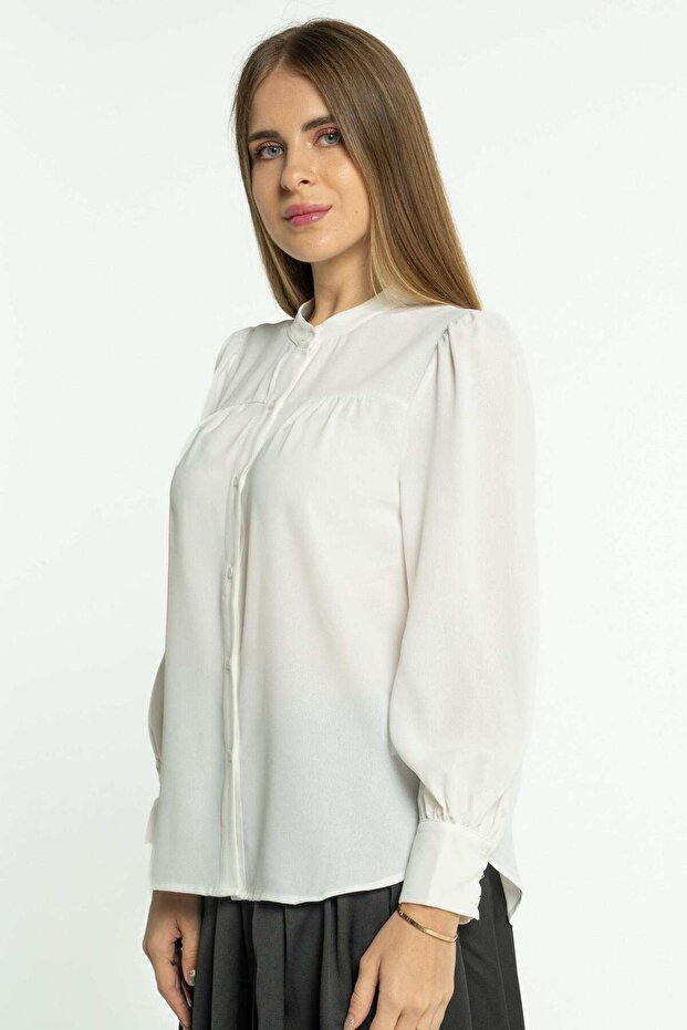 Solid Long Sleeve Blouse with Neckline - 3